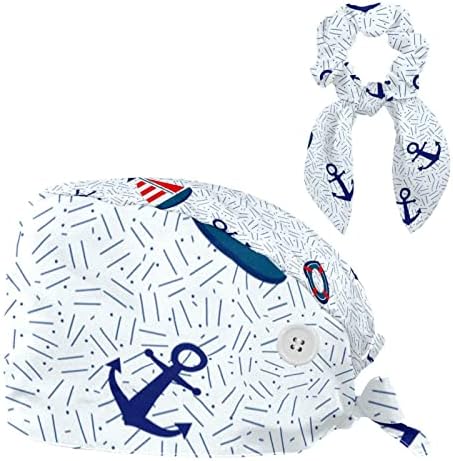 Ocean Anchor Plachetnica Kompas pracovná čiapka s gombíkmi Nastaviteľný Bouffant klobúk Unisex Scrub čiapka s mašľou vlasy