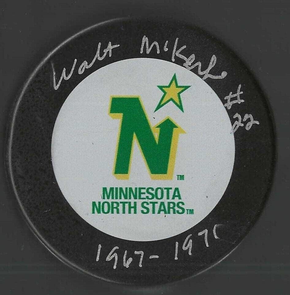 Walt McKechnie podpísané & amp; vpísané Minnesota North Stars puk-podpísané puky NHL