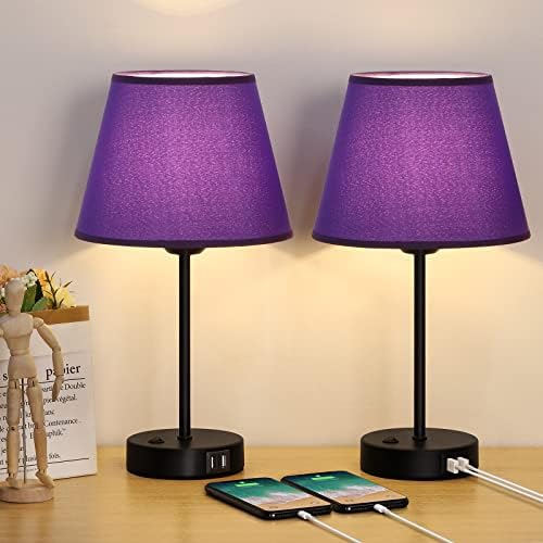 Nočné lampy JS NOVA JUNS s USB portami, stolové lampy s fialovým látkovým tienidlom sada 2 ks, nočné lampy do