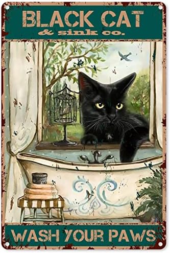 Funny kúpeľňový citát kovový plechový nápis nástenný dekor-Vintage čierna mačka umyte si labky plechový nápis