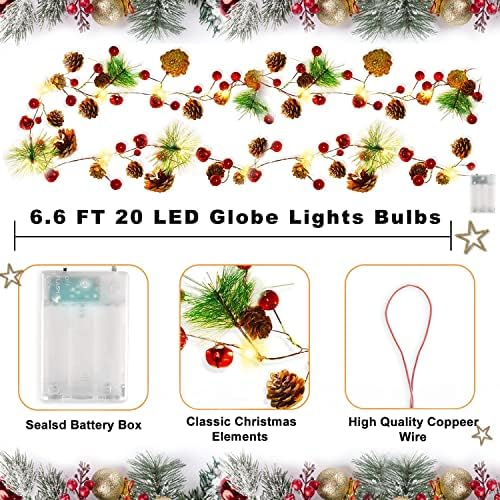 Couah 20 LED vianočné strunové svetlá, 6,6 Ft Šiška červené bobule zvonček vianočný veniec so svetlami batériové